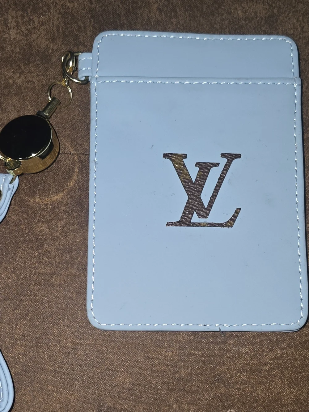 Custom Blue Faux Leather Card ID Holder Lanyard & Retractable Reel NWOT